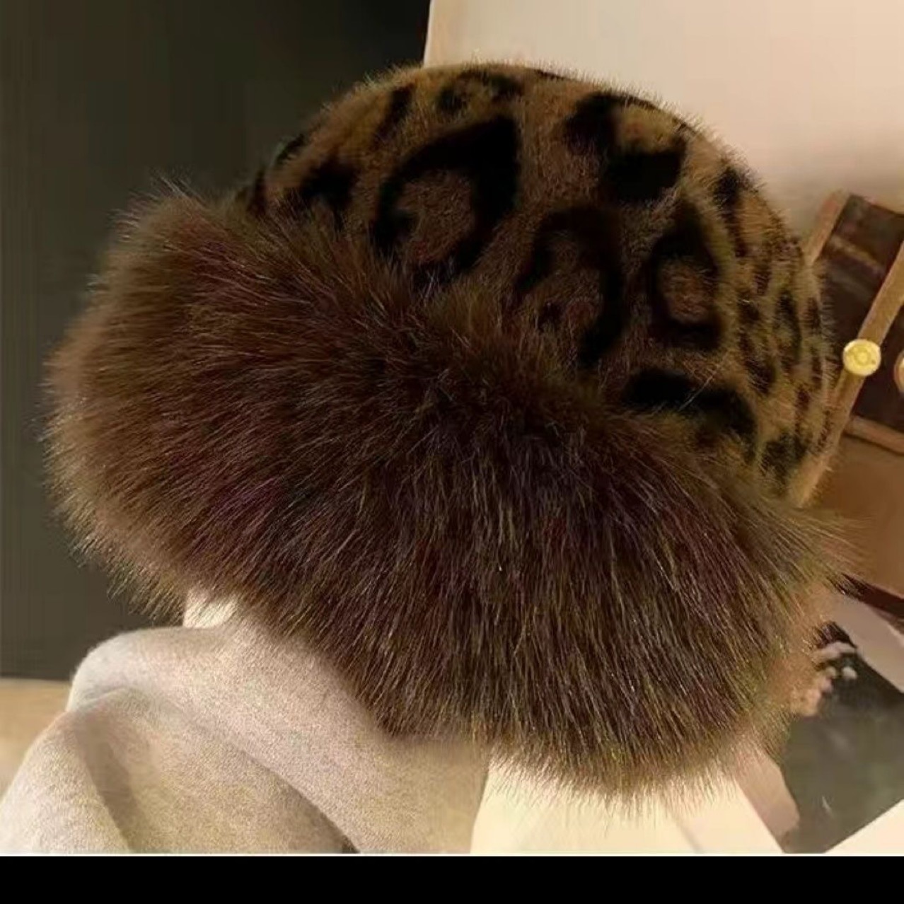 跨境豹纹加厚仿貂毛毛绒保暖渔夫蒙古帽女新款秋冬韩版显脸小护耳