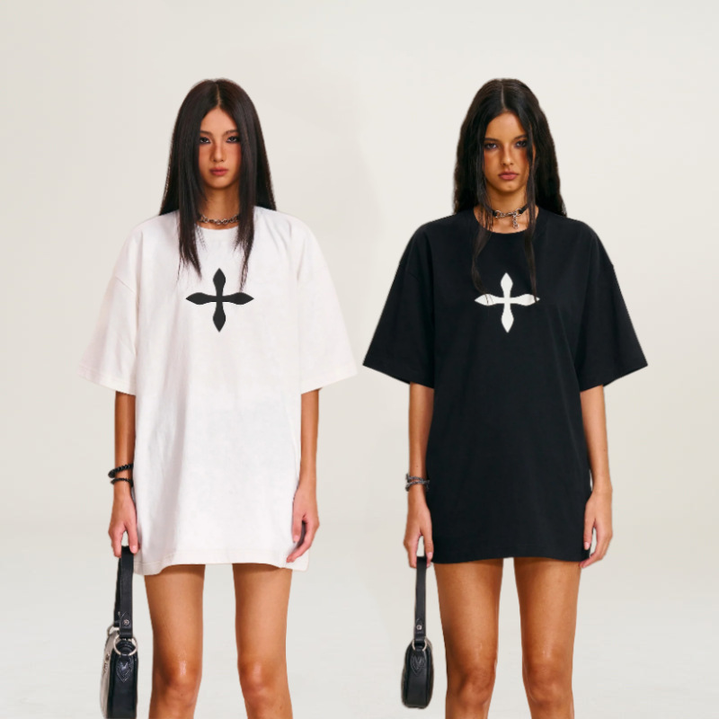 Smfk Retro Cross Statue Wide Body Tee Cross Flower Loose Fit Cotton Short Sleeve T-Shirt