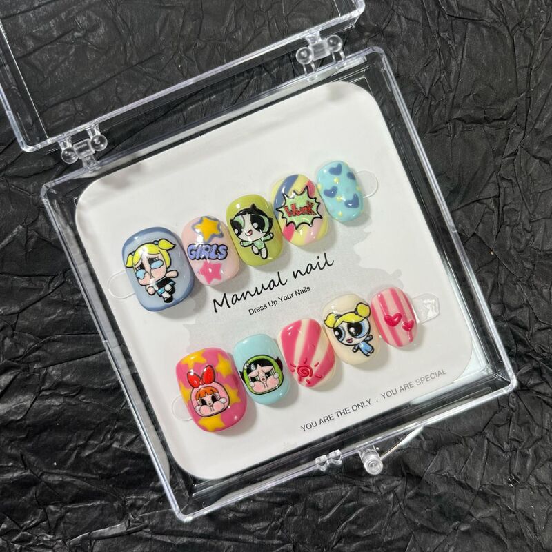 Purely Handmade Cute Cartoon Girl Short Round Wearable Nail Art Stickers Removable A594
