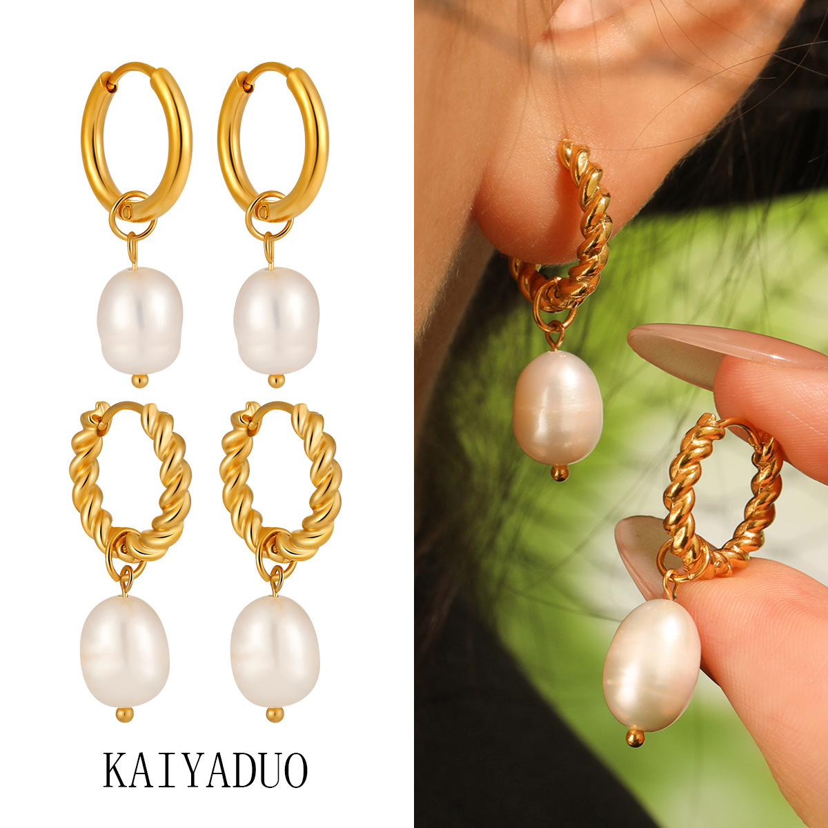 French Freshwater Pearl Twist Earrings for Women Ins Style Fashion Stainless Steel 18Kpvd Gold-Plated Earrings Pendant