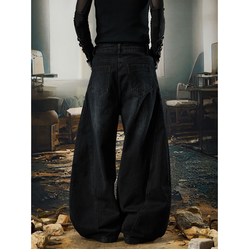 Darkwear Herren-Jeans mit Metallring im Used-Look – Avantgardistisches Design mit Hohlsaum, lässige, weite Cropped-Silhouette (Schwarz, S-XXXL)_voghion.com