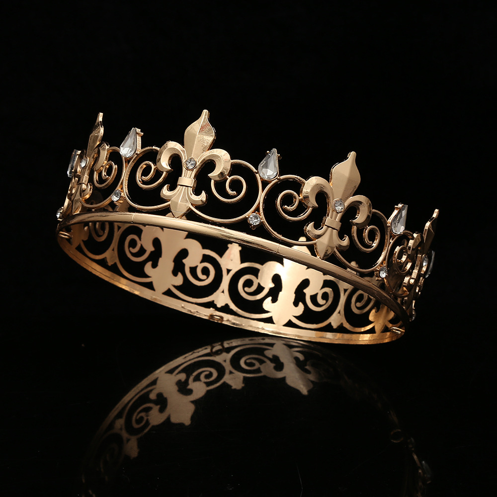 Europeo y americano clásico rey accesorios para el cabello barroco completo ronda rhinestone oro aleación hombres y mujeres fiesta bola corona tocado