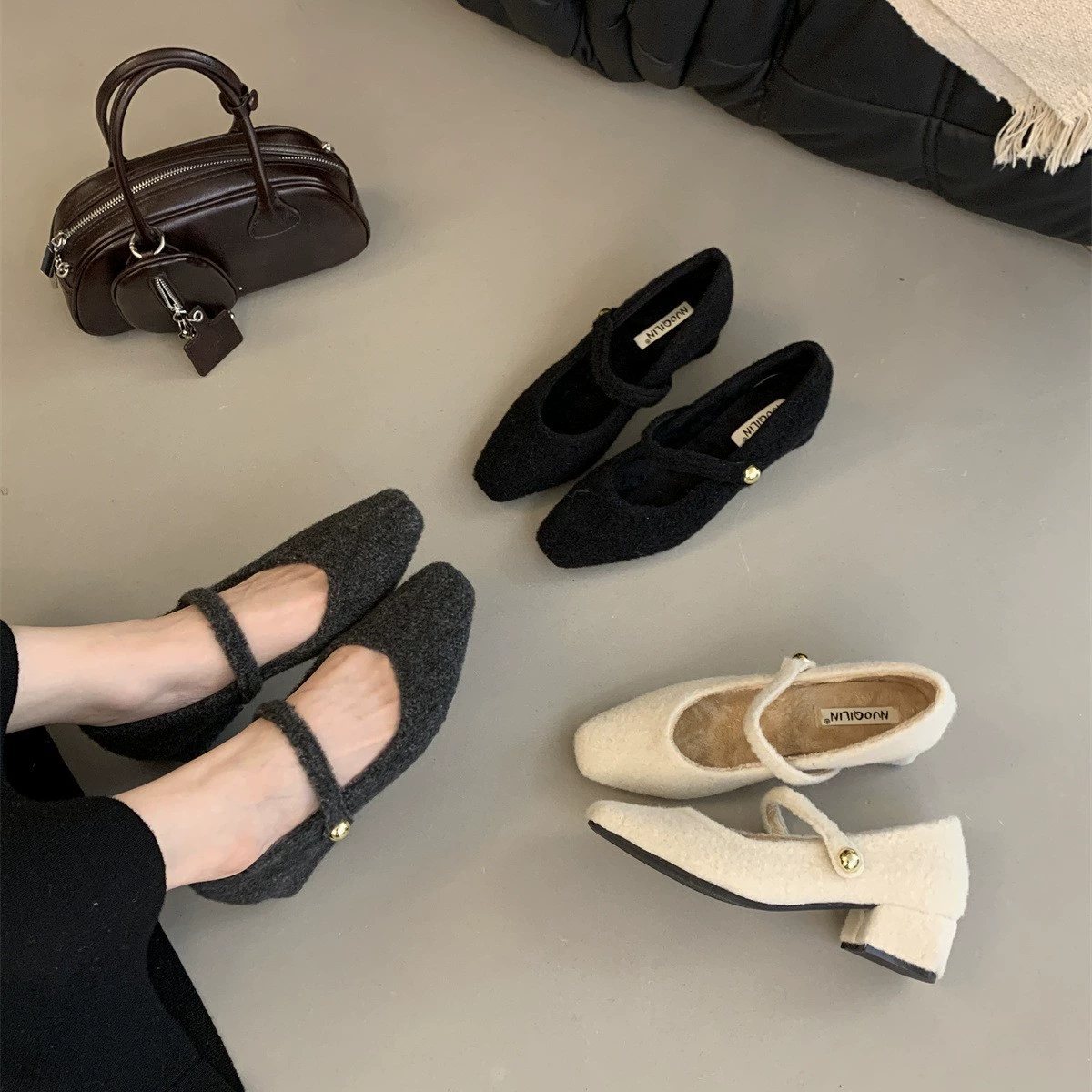 Французская обувь среднего и высокого каблуков Mary Jen Mao Wod Женская обувь носить на улице 2024 осень и зима плюс бархатные квадратные туфли