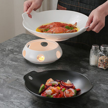 陶瓷干锅加热炉菜盘汤盆西餐盘餐厅圆形双耳餐具蜡烛明炉商用汤锅