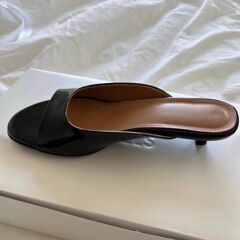 牛皮版~韓版氣質夾趾細跟貓跟涼鞋女真皮圓頭露趾低跟外穿女涼拖