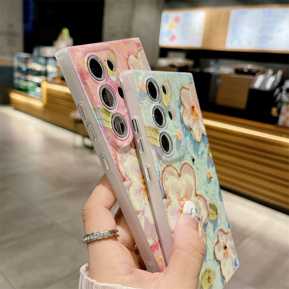 Blaues Strass-Ölgemälde mit Blumenmuster, geeignet für Samsung S25 Ultra Handyhülle, S24U mit Glitzer-Linsenfolie, S23_voghion.com