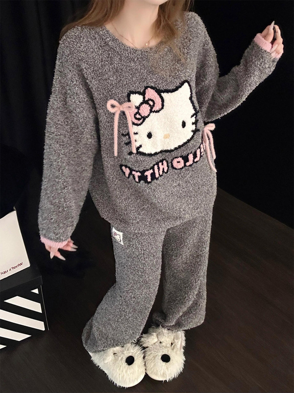 可爱kitty卡通珊瑚绒睡衣女秋冬加厚法兰绒保暖可外穿宽松家居服|undefined