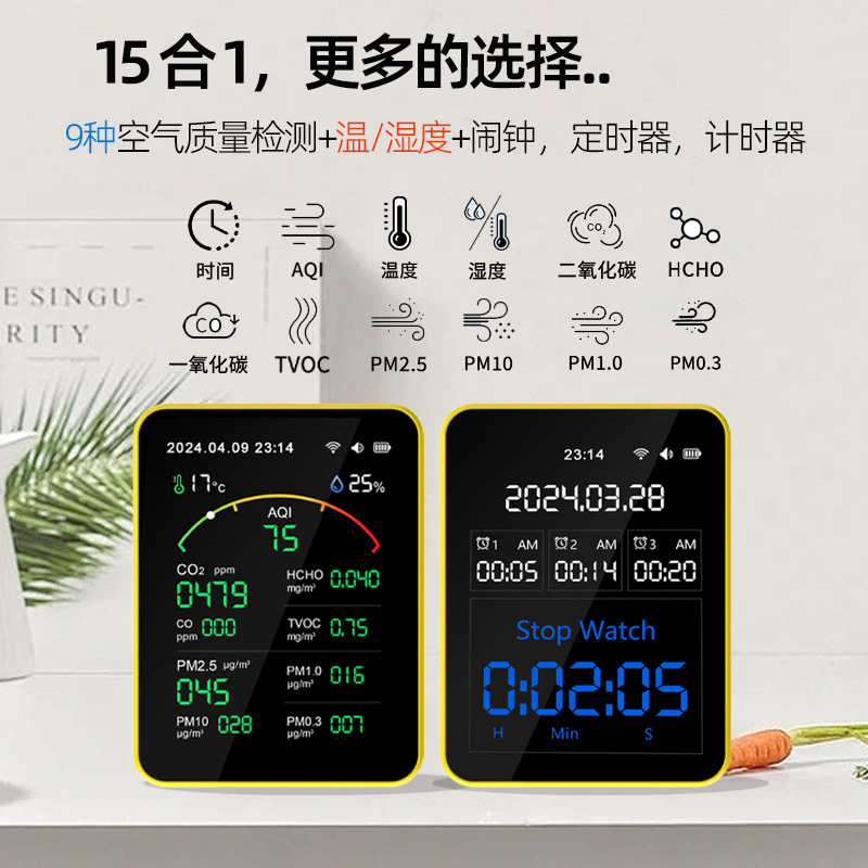 涂鸦家用15合1甲醛检测仪PM2.5PM10颗粒物监测CO2 HCHO检测仪AQI