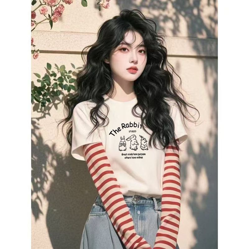 白色纯棉假两件条纹长袖T恤女2025秋季新款设计感宽松短款上衣|undefined