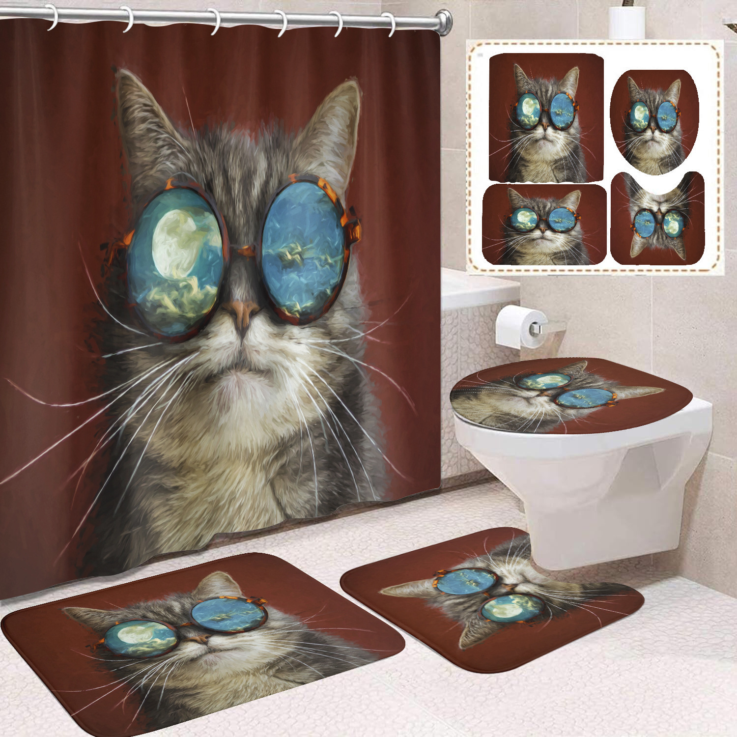 Fuente de fabricantes Amazon animales gatos niños cortina de ducha impermeable a prueba de moho cortina de ducha inodoro partición de baño divertido
