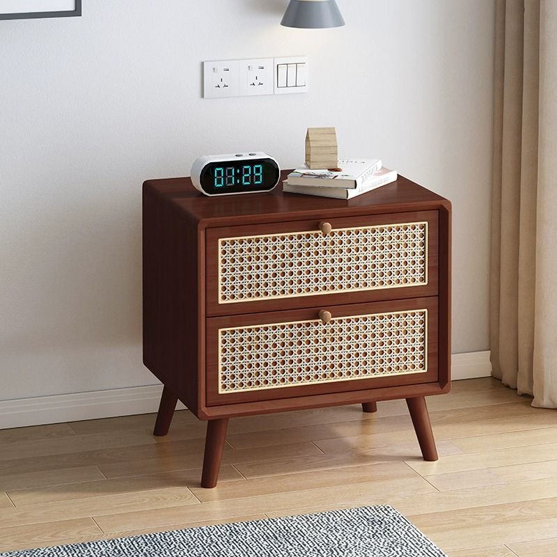 ZSR Woven Bedside Cabinet in Real Cherry Wood, Original Wood with a Muted Aesthetic, Nordic Minimalist Modern Design, Mini Wooden Storage Unit