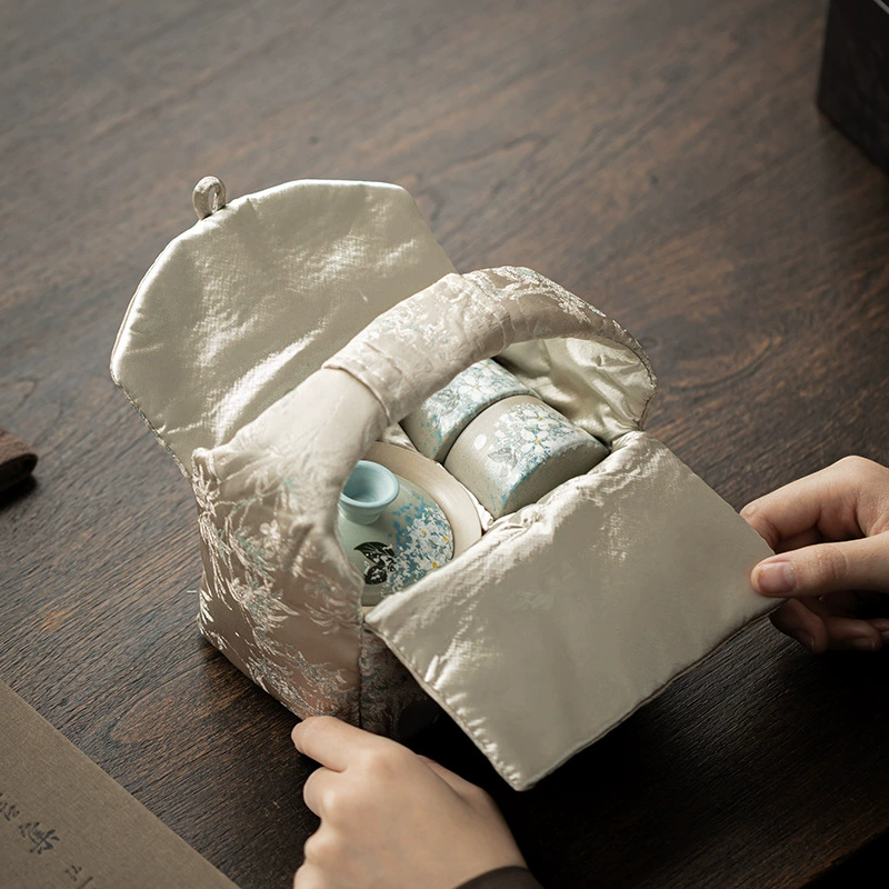 Big organizer bag, handheld travel tea set, waterproof cloth bag, tape, teapot