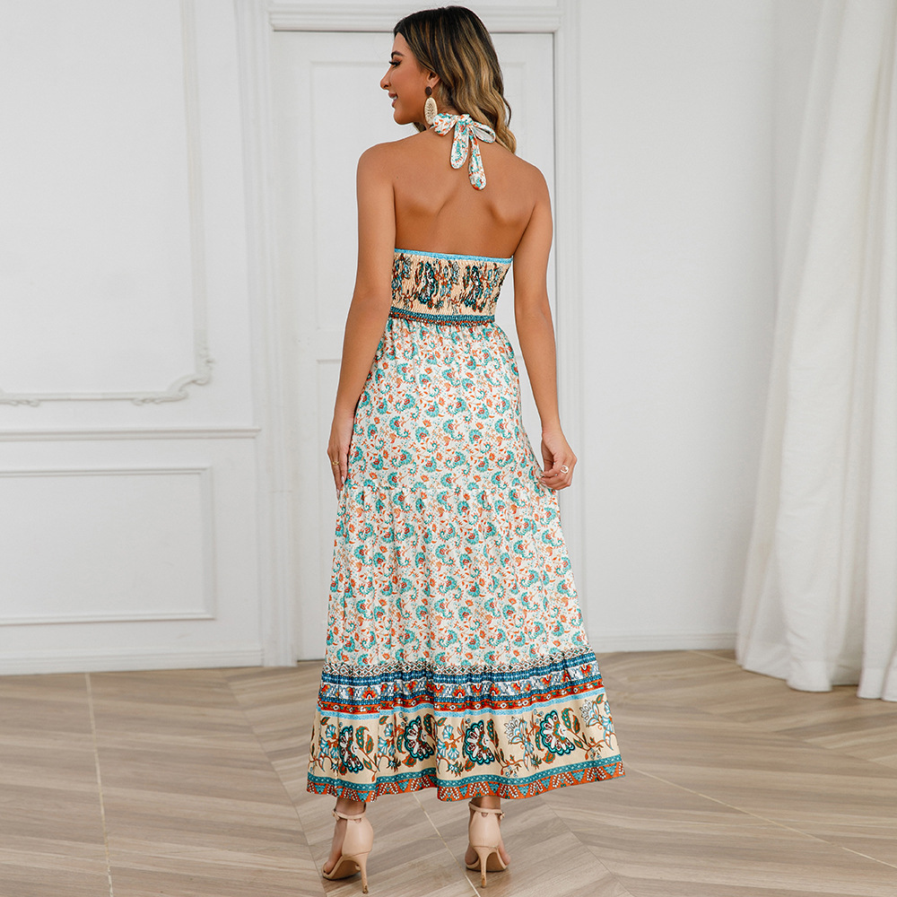 Bohemian Ditsy Floral Halter Neck Sleeveless Printing Polyester Maxi Long Dress A-line Skirt display picture 2