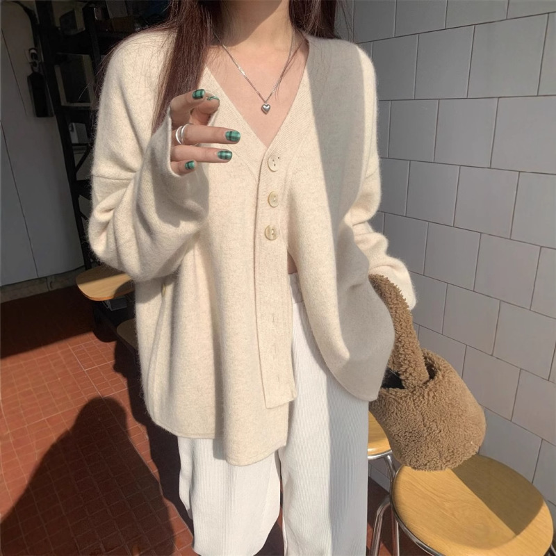 毛衣外套开衫女秋冬针织设计感小众宽松慵懒风斜扣v领内搭打底衫|undefined