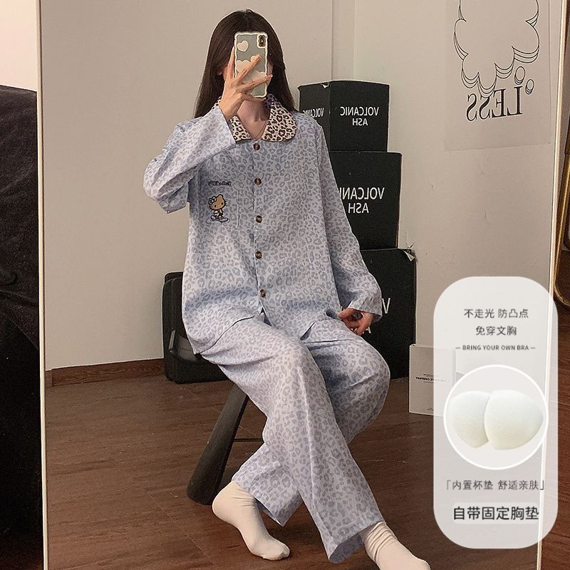 Ins adorable KT gato nubes de algodón pijama de mujer con cojín de pecho primavera y otoño cardigan de manga larga estampado de leopardo conjunto de ropa de casa
