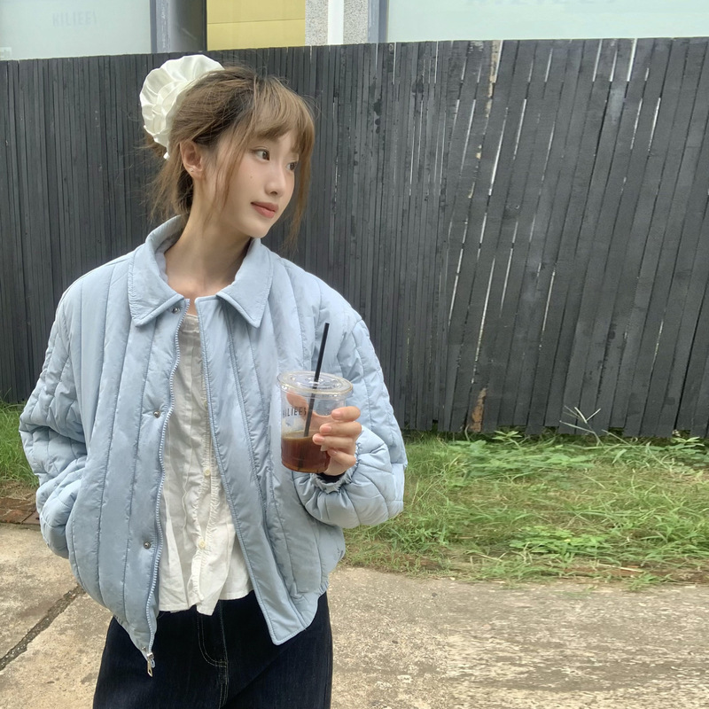 彩色织唛竖条纹理25秋冬翻领小个子轻盈棉服甜美韩版宽松棉衣外套|undefined