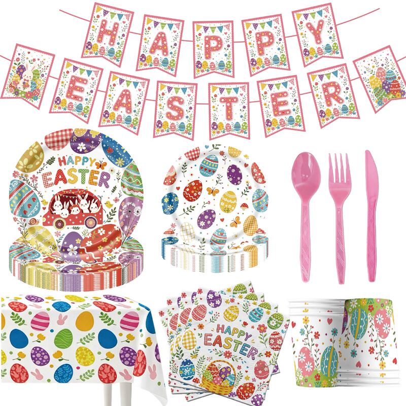 Cross-border Easter-themed party decorations, including disposable tableware, tablecloths, paper plates, and cups