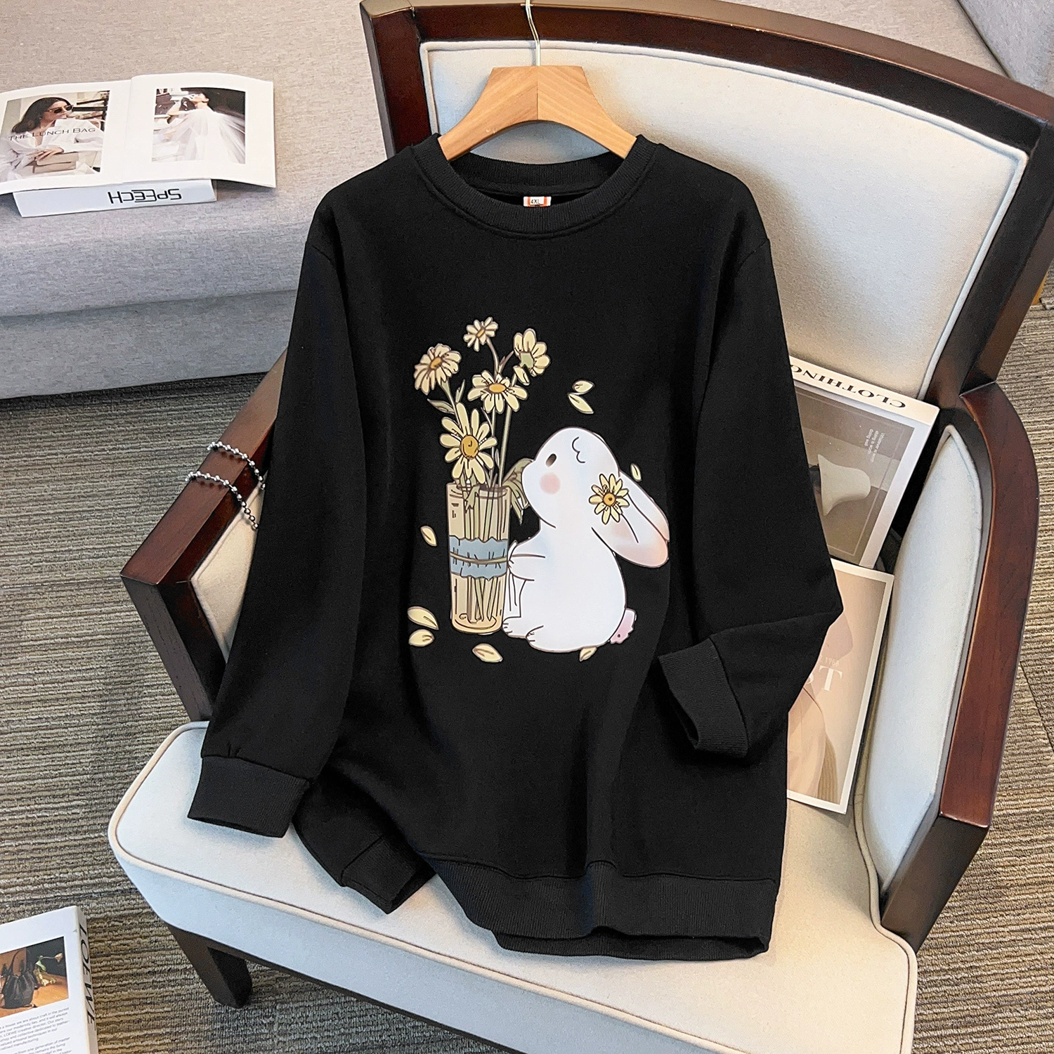 Fleece sweatshirt with a round collar, long-sleeve, plus size, increased thickness