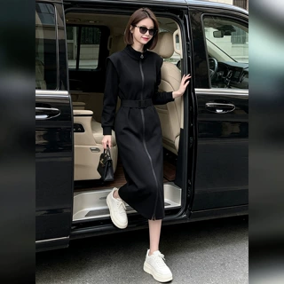 简约干练休闲长裙女秋季立领正开拉链配腰带收腰显瘦咖啡色卫衣裙