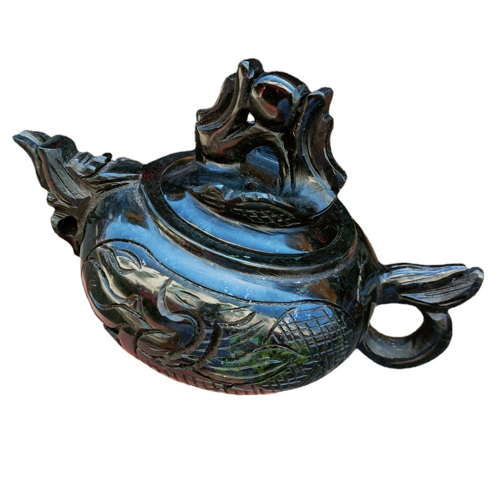 厂家批发玉石一壶四杯墨绿玉茶壶雕工玉壶墨玉摆件工艺茶器 会销