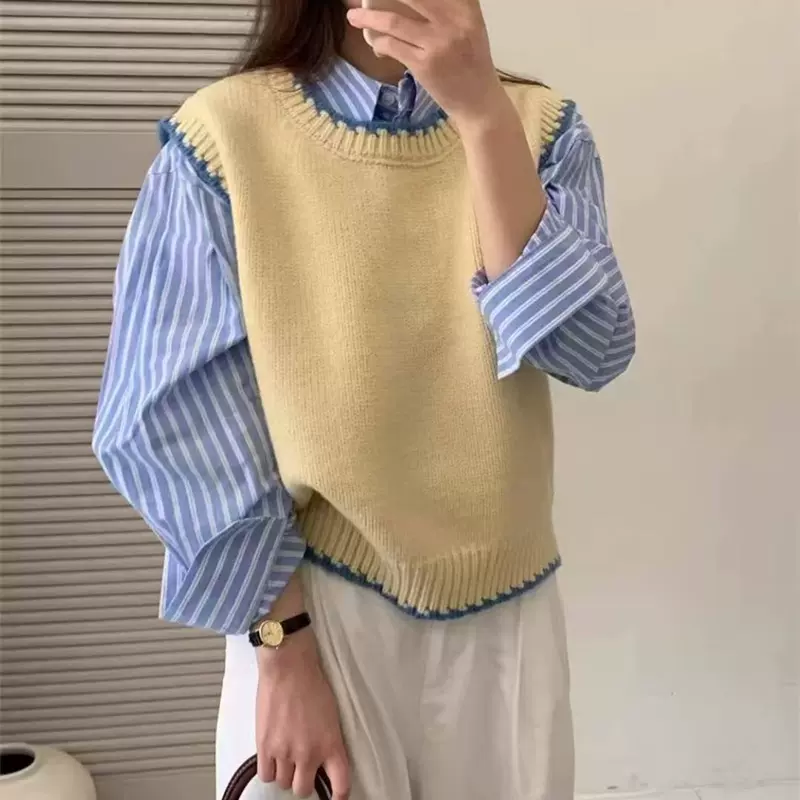 撞色针织马甲2025春秋新款宽松圆领无袖叠穿毛衣背心配衬衣坎肩女