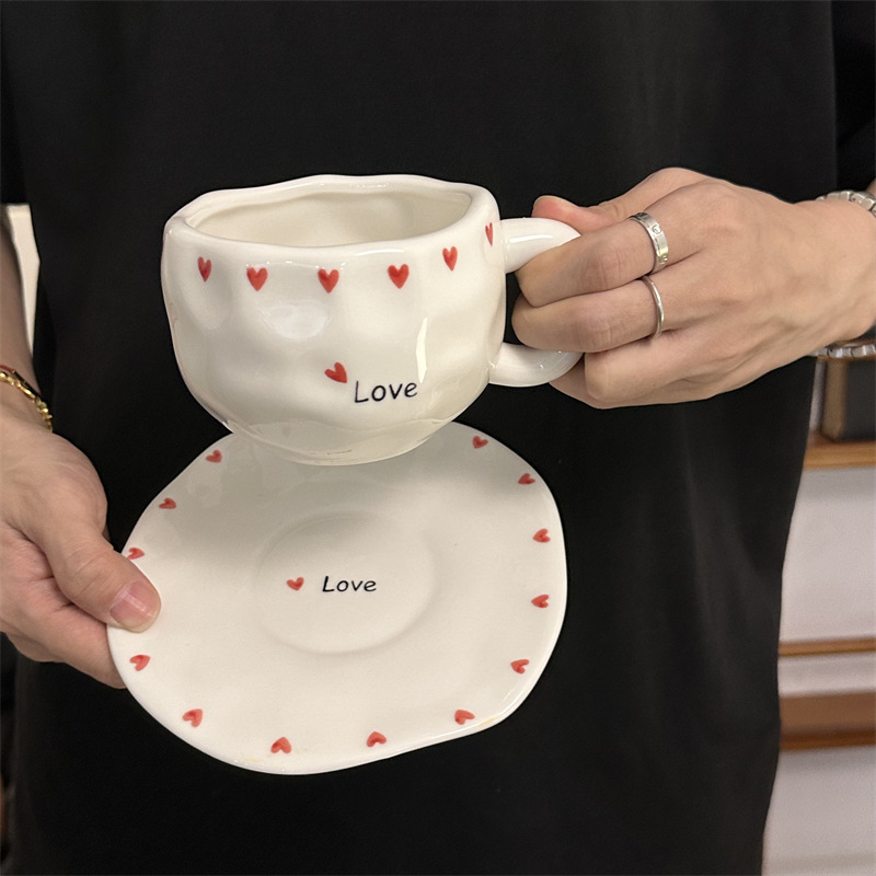 Tazas y platos de cerámica de flores retro de estilo coreano, tazas y platos de café irregular pellizcado a mano, tazas y platos de té de la tarde