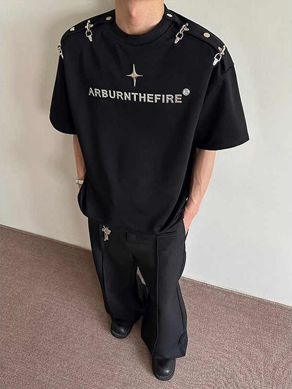アメリカンハイストリートスモールネックライン肩パッドTシャツメンズ夏のファッションシンプルなハイエンドハンサムルーズ半袖トップ|undefined