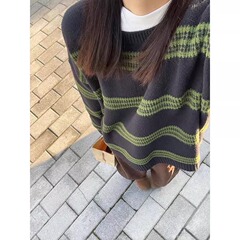 跨境外贸复古条纹拼接设计圆领针织毛衣女秋冬小众慵懒风内搭上衣