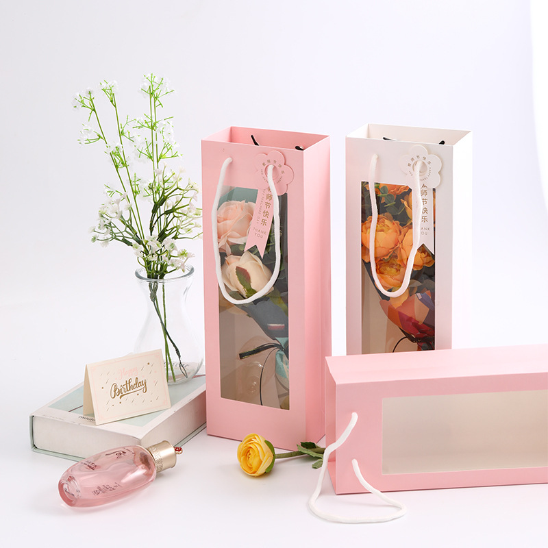 女神节鲜花透明手提袋pvc网红橱窗袋礼品包装袋圣诞节开窗玩具袋