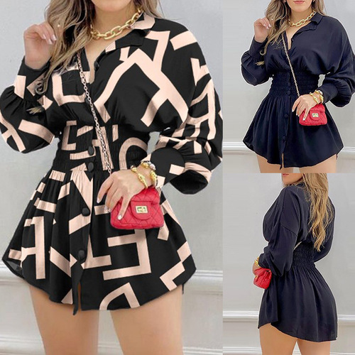 Cross-border Spring New Women's Fashion Shirt—Elegant Commuter Printed Waist-Slimming Pleated Long-Sleeved Blouse for Women, European and American Style