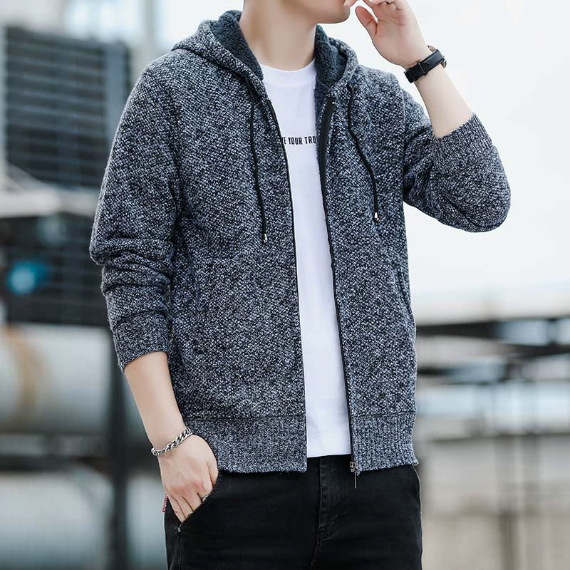 Многолетний мужской вязаный утолщенный корейский модный топ на флисовой подкладке, свободный Универсальный свитер с капюшоном, вязаный свитер, куртка