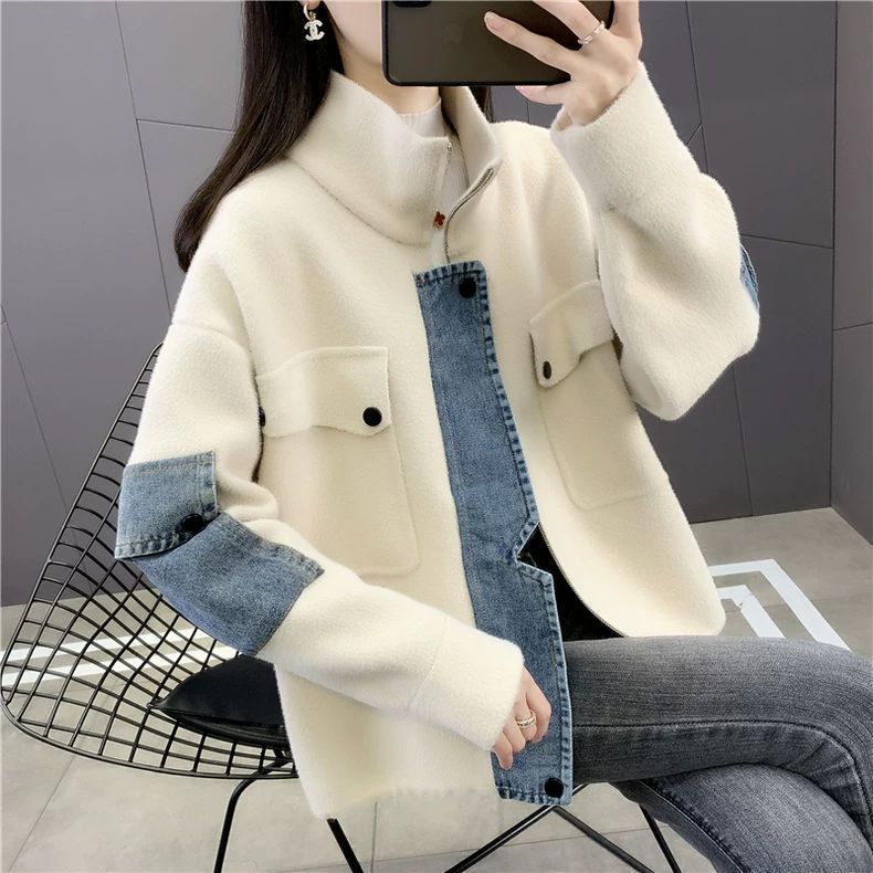 牛仔拼接仿毛呢外套女2025秋冬季装外贸新款宽松显瘦加厚针织开衫