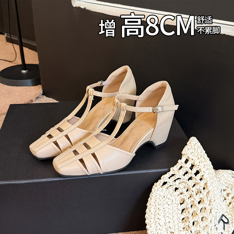 8CM Height-Increasing French Square-Toe Hollow Mary Jane Shoes for Women, New Model, Exquisite, Breathable, Versatile T-Strap High-Heel Sandals 8CM Height-Increasing French Square-Toe Hollow Mary Jane Shoes for Women, New Model, Exquisite, Breathable, Versatile T-Strap High-Heel Sandals