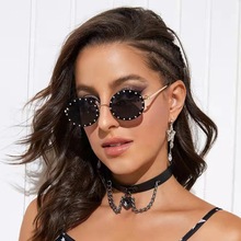 新款椭圆钻石太阳镜欧美潮流时尚金属架墨镜女跨境速卖通爆款眼镜