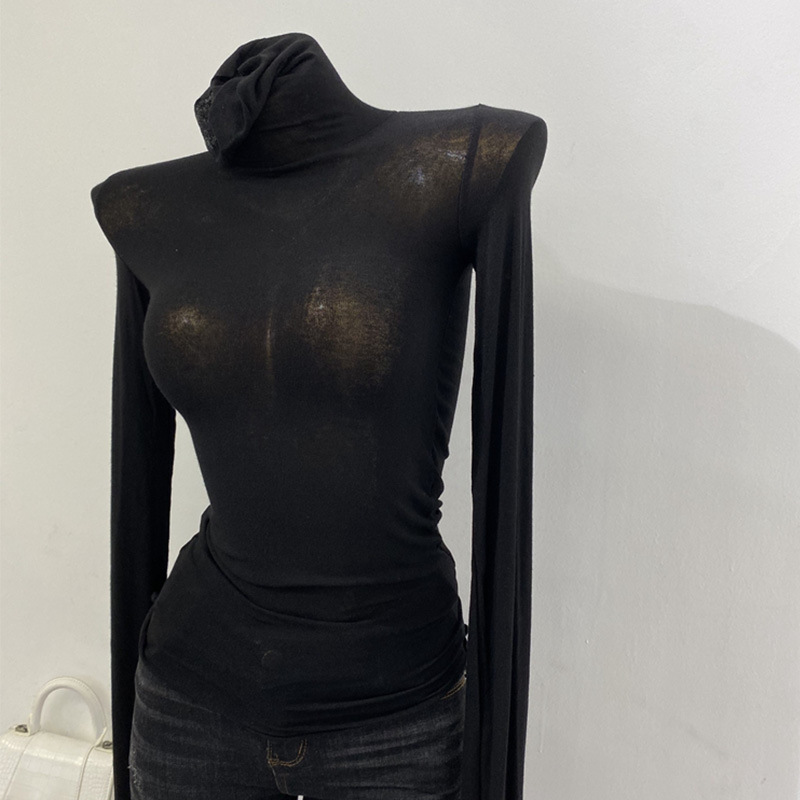 얇은 소프트 ~ 한국어 버전의 파일 칼라 긴팔 티셔츠 하이 칼라 바닥 셔츠 여성용 슬림 마이크로 재킷 가을과 겨울 새로운