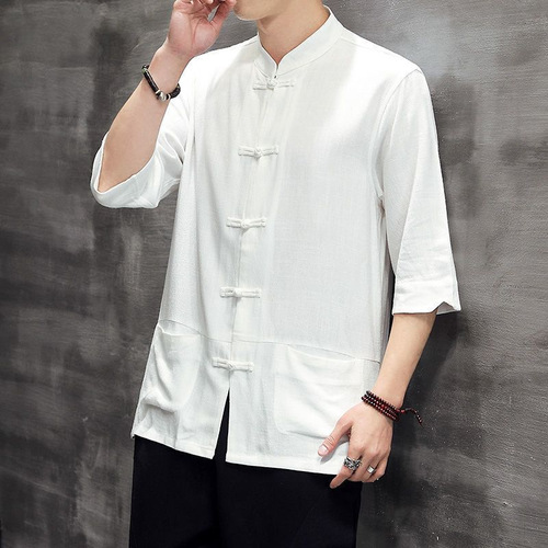 Chinese-style linen five-button sleeve shirt for men, large size, retro style, Chinese Tang suit cotton linen short sleeve