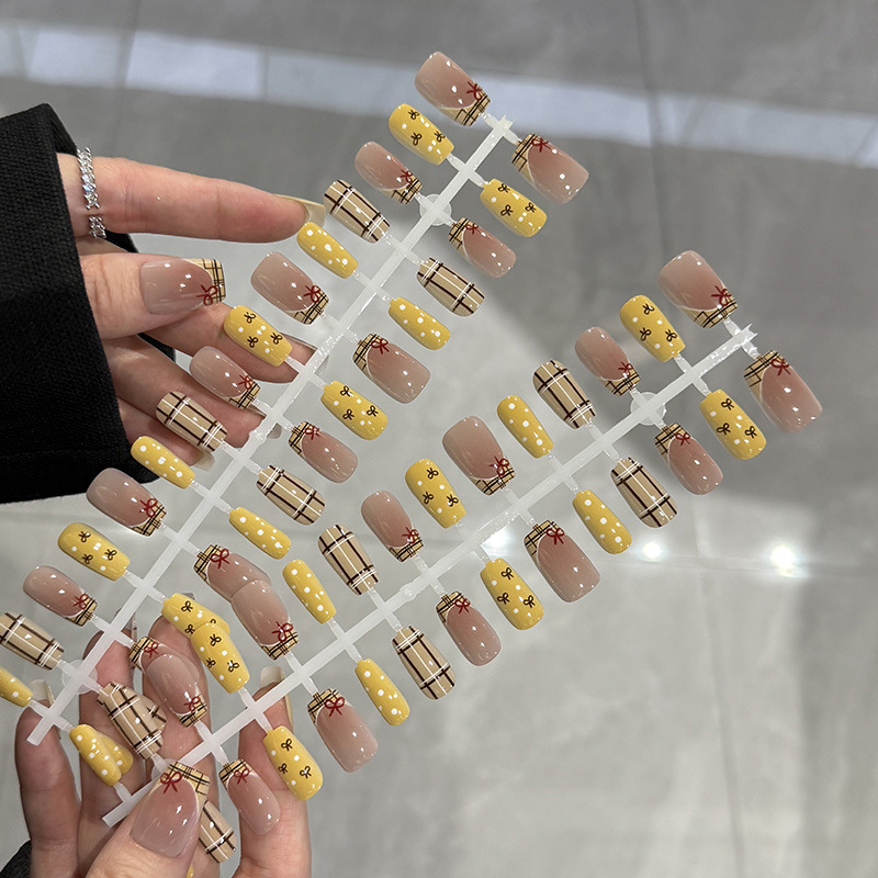 预制学院风精品穿戴美甲新款中方法式格纹蝴蝶结ins甜美清新甲片|undefined