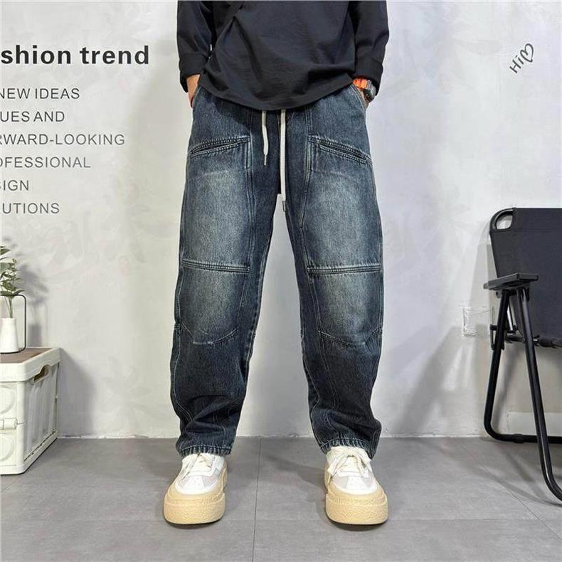 Herren Patchwork Jeans Weit Geschnitten Gerade Locker Arbeitshose_voghion.com