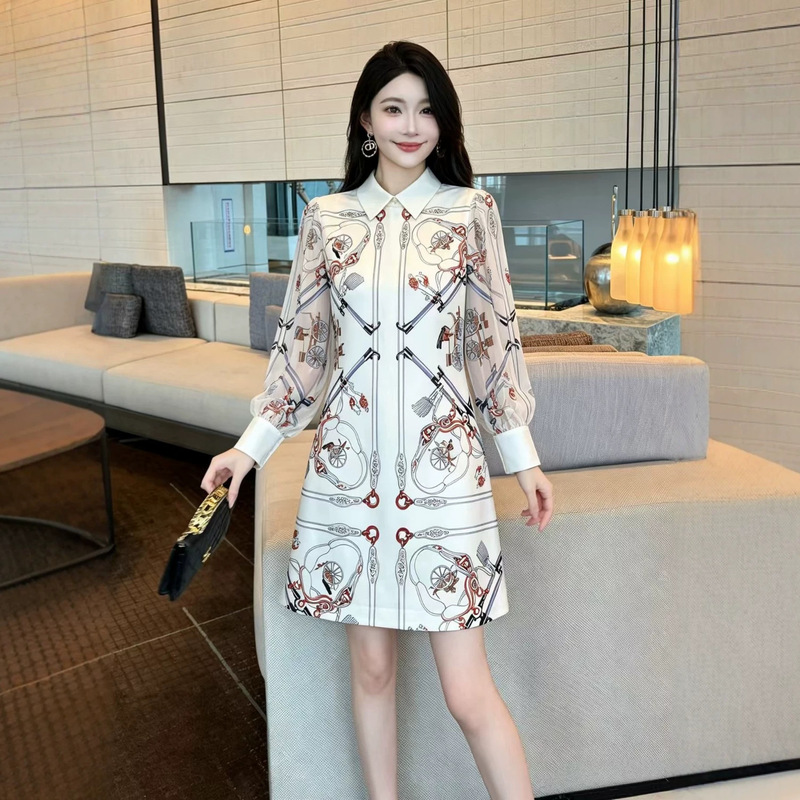 2026 Autumn/Winter New Shenzhen Nanyou Light Luxury Elegant Printed Dress for Women with Turn-down Collar, Long Sleeves, Transparent Sleeves, A-line Dress