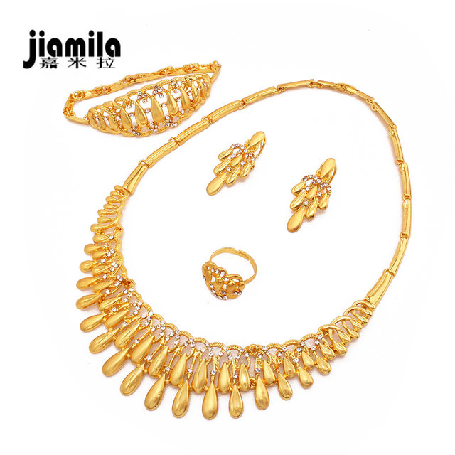 Jamila Dubai Bridal 24K Gold Plated Jewelry Set Middle East Ladies Necklace Bracelet Ring Earrings Four Piece Set