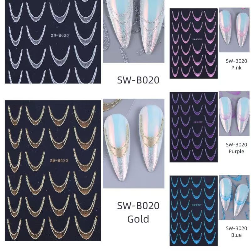 Polvo brillante gradiente pegatinas de uñas francesas ins viento oro y plata brillante azul rosa francés sonrisa pegatinas de uñas