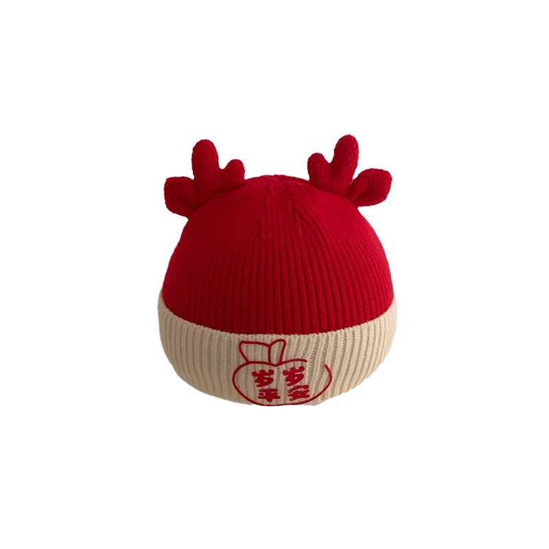 Sombreros para bebés otoño e invierno feliz Año Nuevo rojo grueso calentamiento sombrero de lana para hombres y mujeres bebés pequeños meses sombrero de punto