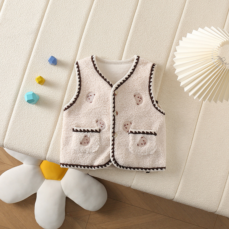 Chaleco para niñas modelos de otoño e invierno nuevo estilo estilo occidental bebé niña niños bordado de doble bolsillo oso ropa exterior chaleco de todo fósforo más terciopelo