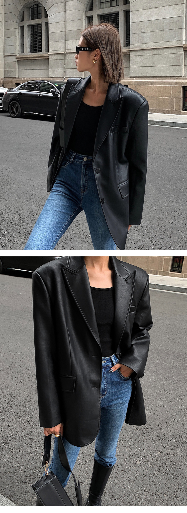 Pu Fabric Type Long Top Length Women's Streetwear Solid Color Pocket Single Breasted Leather Jacket Casual Jacket