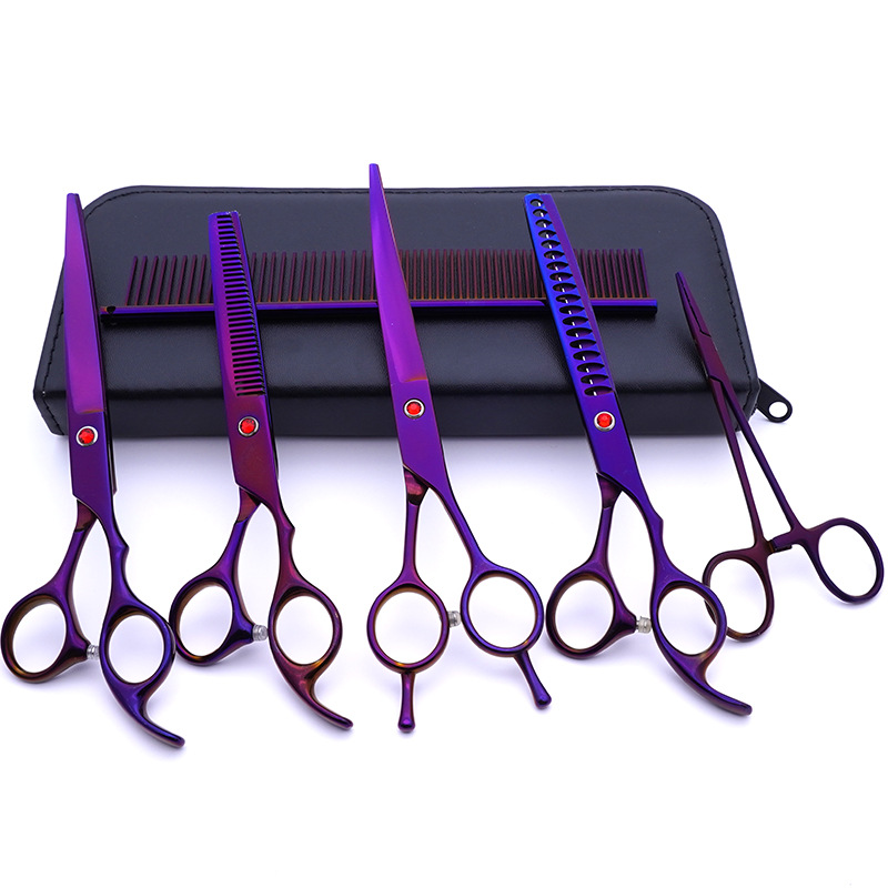Fabricante de juegos de tijeras para mascotas, tijeras de peluquería canina al por mayor de 7 pulgadas, suministros morados para perros.