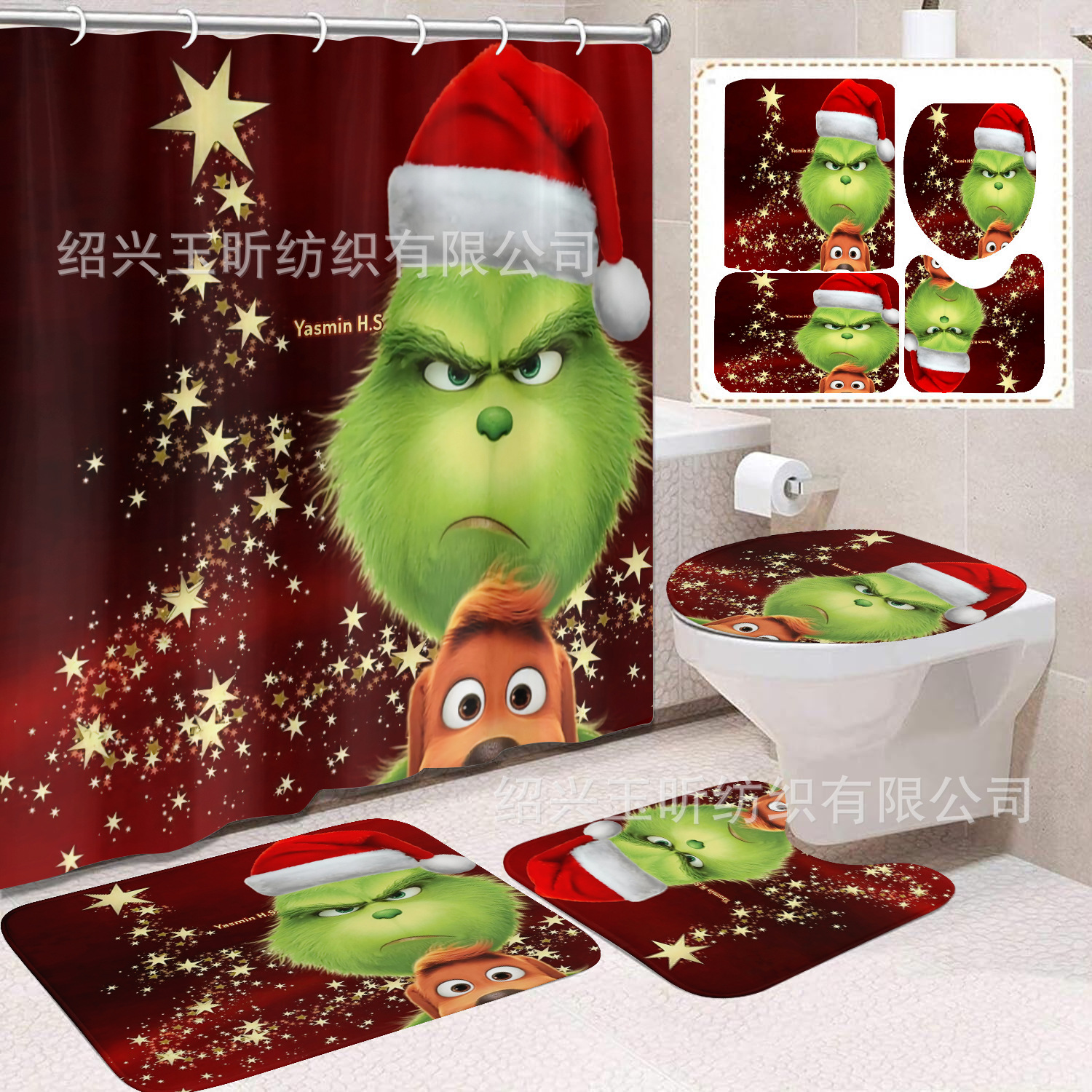 Tela de cortina de ducha transfronteriza, cortina de ducha impermeable, alfombra antideslizante de baño, juego de Grinch 4 de pelo verde al por mayor, sin perforación