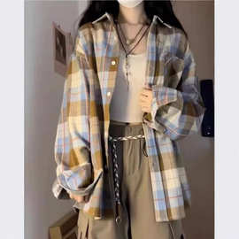 JGIRL森系绿色磨毛格子衬衫女宽松慵懒风遮肉衬衣外套长袖上衣潮