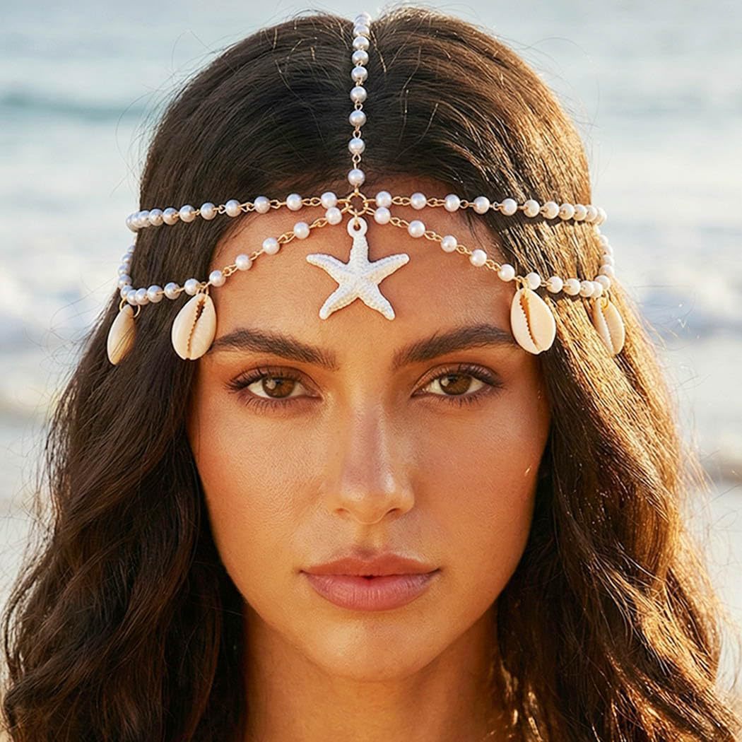Cross-Border Hot-Selling Jewelry, Bohemian Pearl Chain Headwear, Starfish Shell Pendant, Casual Vacation Style Head Chain Hair Accessories