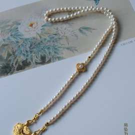 仿珍珠双耳项链金锁长命锁编织绳项链金色如意吊坠毛衣链轻奢百搭