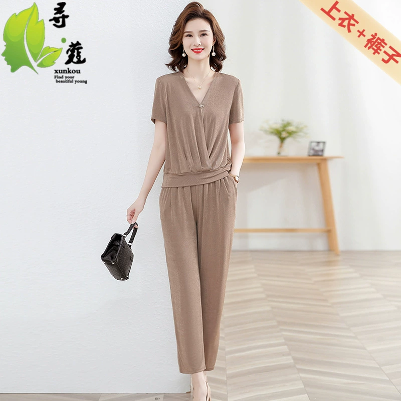 Новая женская одежда среднего возраста мама с короткими рукавами летом тонкий набор из двух частей среднего и пожилой леди повседневная одежда 50 лет